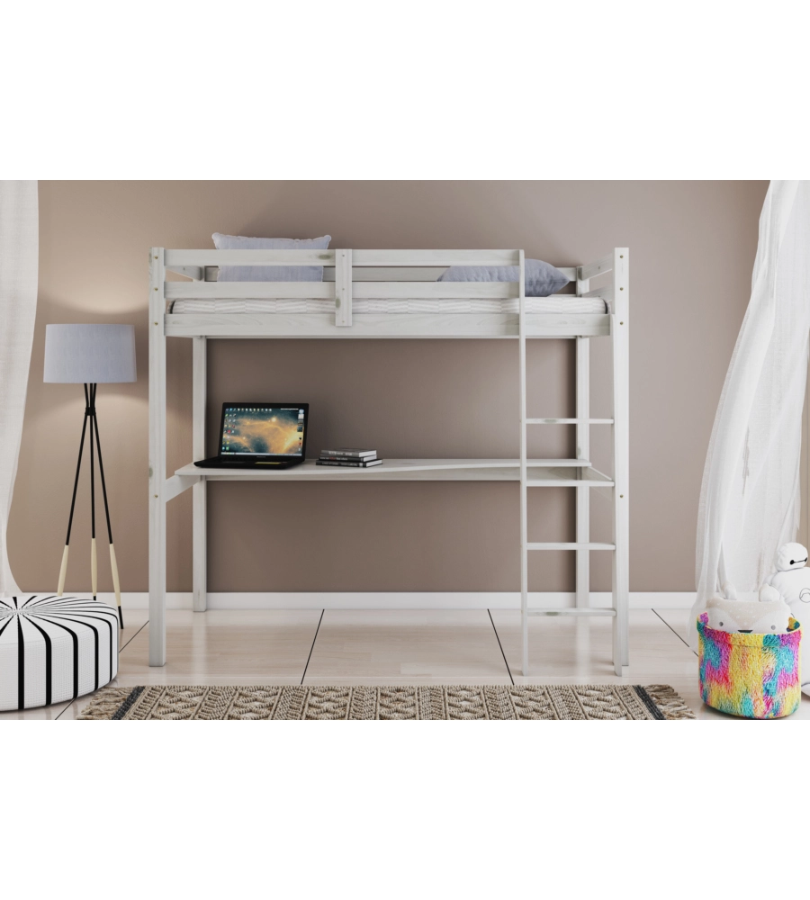 LETTO A SOPPALCO CON SCRIVANIA "NIZZA" IN PINO MASSELLO BIANCO 90X190X176 CM